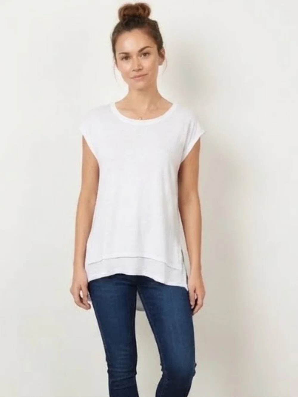 Democracy Linen Blend White Grey Pattern Layered High Low Top Size S NWT